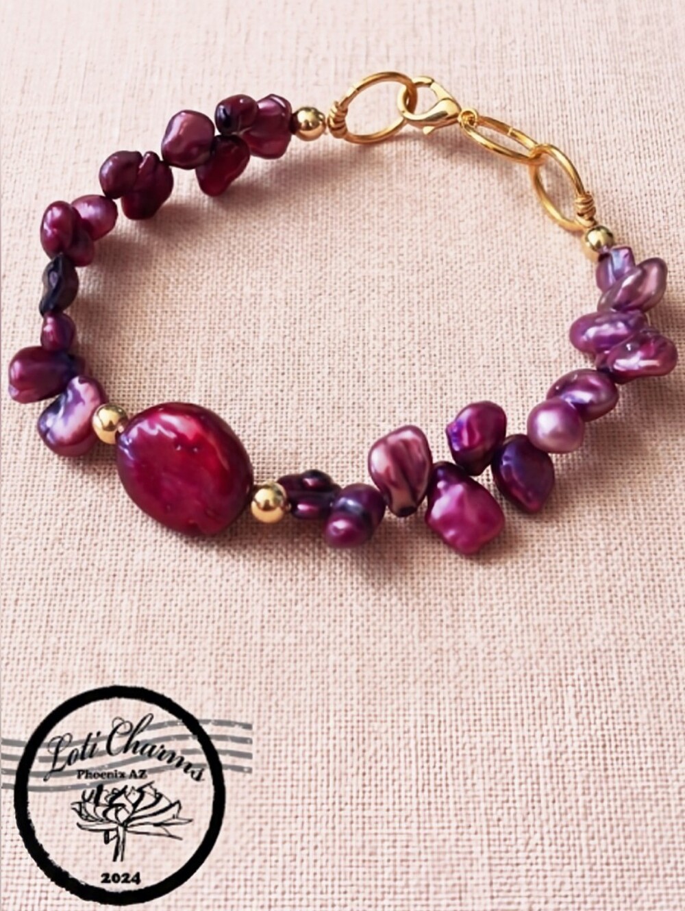 Fuchsia Orchid Genuine Freshwater Keishi Pearls In Ornate Gold Plated Bracelet